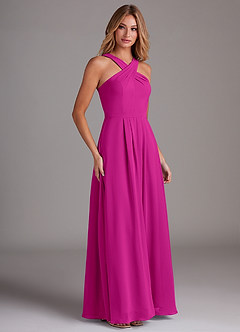 Azazie Dixie Bridesmaid Dresses Fuchsia A-Line Halter Pleated Chiffon Dress image4