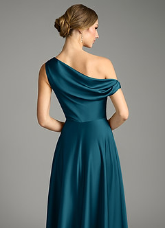 Azazie Xanthe Bridesmaid Dresses Ink Blue A-Line Off the Shoulder Stretch Satin Dress image6