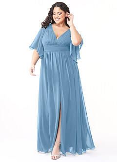 Azazie Temeka Abiti da Damigella Abito A-Line in Chiffon Increspato Blu Acciaio image7