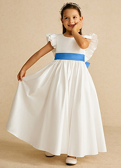 Azazie Aero Robe Demoiselle D'honneur Fillette Robe Trapèze en Coton Plissée Ivoire Geai Bleu image6
