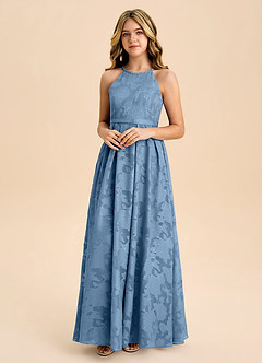 Azazie Arianthe Junior Steel Blue A-Line Pleated Floral Burnout Dress image4