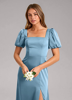 Azazie Fyona Bridesmaid Dresses Steel Blue A-Line Pleated Stretch Satin Dress image6