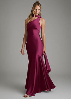 Azazie Amara Bridesmaid Dresses Red Plum Mermaid One Shoulder Stretch Satin Dress image5
