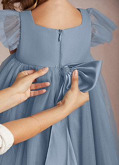 Azazie Kalio Flower Girl Dresses Dusty Blue A-Line with Sleeves Tulle Dress image4