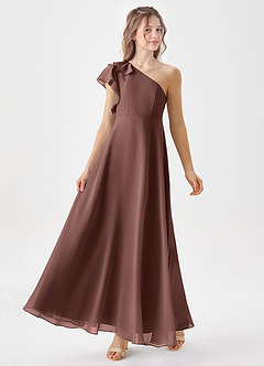 Azazie Arabella Junior Abito A-Line in Chiffon Increspato Espresso image4