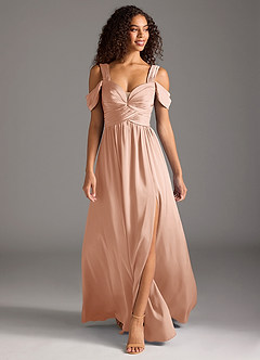 Azazie Lianne Bridesmaid Dresses Rose Gold A-Line Off the Shoulder Stretch Satin Dress image2