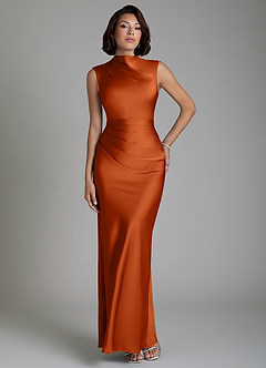 Azazie Lumia Bridesmaid Dresses Burnt Orange Sheath Corset Stretch Satin Dress image1