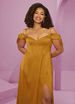 Barbie ♥ Azazie Bridesmaid Dresses Butterscotch A-Line Off the Shoulder Stretch Satin Dress image6