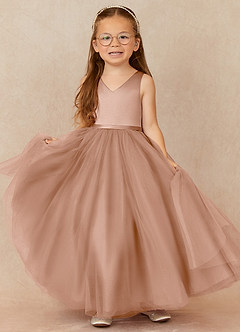 Azazie Marybell Robe Demoiselle D'honneur Fillette Robe Trapèze en Tulle Arc Champagne Rosé image1