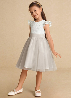 Azazie Vetty Flower Girl Dresses Ivory Frost A-Line Lace Tulle Dress image3