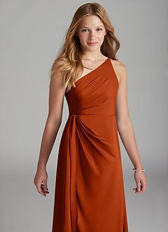 Azazie Mika Junior Paprika A-Line Pleated Stretch Satin Dress image4