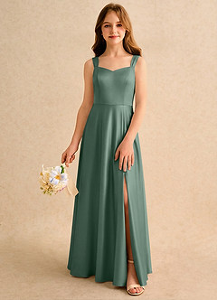 Azazie Makani Girls Formal Blumenmädchenkleider A-Linie Herzausschnitt Matte Satin Kleid Eukalyptus image4