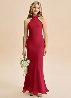Azazie Velli Junior Meerjungfrau-Linie Hoher Kragen Chiffon Kleid Scharlachrot image1