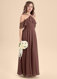 Azazie Tessabelle Junior Jurk van Chiffon met A-Lijn Off the Shoulder Espresso image5