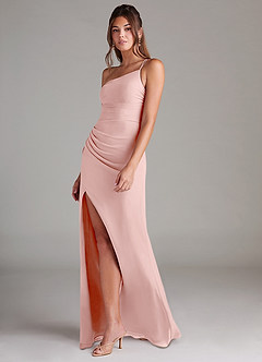 Azazie Eren Vestidos de damas de honor Vestido de Rosa Empolvado de Gasa de Corte Recto con Hombro unilateral image5