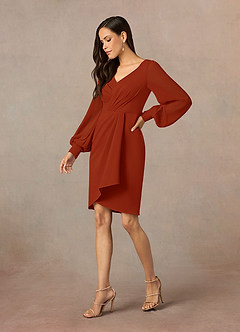 Azazie Karen Mother of the Bride Dresses Rust Sheath Pleated Stretch Crepe Dress image2