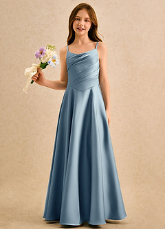 Azazie Coconut Girls Formal 플라워 걸 드레스 A라인 주름진 스트레치 새틴 플로어 길이 드레스 image4