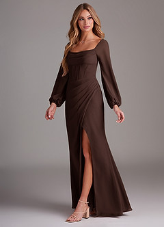Azazie Charissa Bridesmaid Dresses Ganache Sheath Long Sleeve Chiffon Dress image4