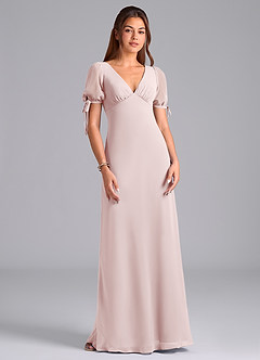 Azazie Pheby At-home Try On Dresses Blushing Pink A-Line Pleated Chiffon Dress image4