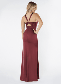 Azazie Mero Bridesmaid Dresses Merlot Sheath Pleated Stretch Satin Dress image3