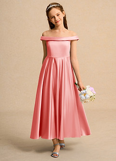 Azazie Teeny Junior Formal vestidos de niña de las flores Vestido de Coral de Satin Mate de Corte en A con Plisado image3