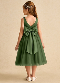 Azazie Firefly Robe Demoiselle D'honneur Fillette Robe Trapèze en Mat Satiné Arc Olive image5