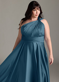 Azazie Charlize Brautjungfernkleider A-Linie One-Shoulder Stretch-Satin Kleid Bermudablau image15