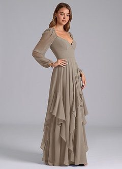 Azazie Karan Abiti da Damigella Abito A-Line in Chiffon Manica Lunga Taupe image5