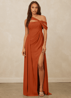 Christian Siriano Bridal for Azazie 1014 Bridesmaid Dresses Burnt Orange A-Line Off the Shoulder Chiffon Dress image4