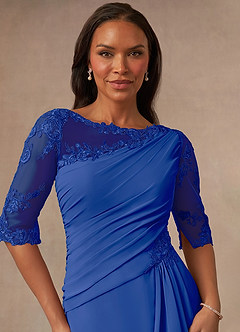 Azazie Dionysus vestidos de madre de la novia Vestido de Azul Real de Gasa de Corte En A con Encaje cuello barco image4