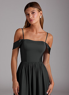 Azazie Calianna Bridesmaid Dresses Black A-Line Off the Shoulder Stretch Satin Convertible Dress image2