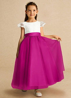 Azazie Pookie Flower Girl Dresses Fuchsia A-Line Lace Tulle Dress image4