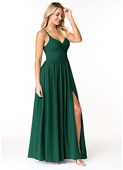 Azazie Dominic Bridesmaid Dresses Emerald A-Line V-Neck Pleated Chiffon Dress image4