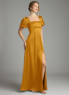 Azazie Fyona Robes de demoiselle d'honneur Robe Trapèze en Satin extensible Plissée Caramel écossais image5