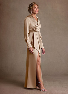 Azazie Jacinta 신부의 어머니 드레스 쉬스 주름진 스트레치 새틴 플로어 길이 드레스 image4