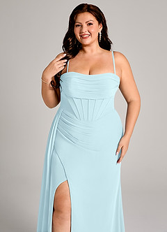Azazie Amyra Bridesmaid Dresses Cloud Blue Sheath Off the Shoulder Chiffon Convertible Dress image10