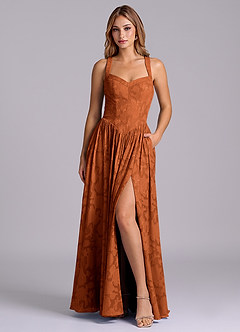 Azazie Francis Robes de demoiselle d'honneur Robe Trapèze en Blumen-Burnout Corset Orange Brûlée image1