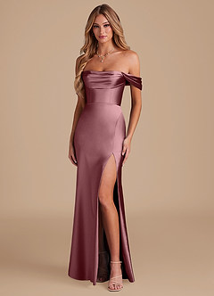 Azazie Saige Bridesmaid Dresses Vintage Mauve A-Line Off the Shoulder Metallic Satin Convertible Dress image1