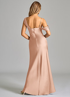 Azazie Celina Bridesmaid Dresses Rose Gold Sheath Off the Shoulder Stretch Satin Dress image2