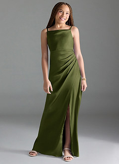 Azazie Leonis Junior Pistachio A-Line Pleated Stretch Satin Dress image1
