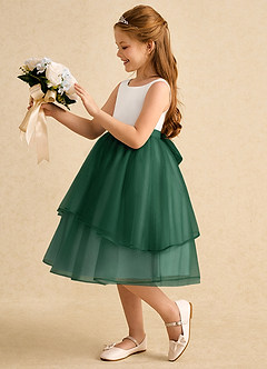Azazie Rene vestidos de niña de las flores Vestido de Marfil Verde Oscuro de Tul de Corte En A con Lazo image5