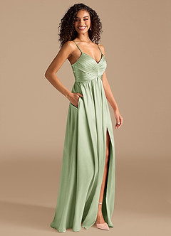 Azazie Alia Bridesmaid Dresses Dusty Sage A-Line Pleated Metallic Satin Dress image5
