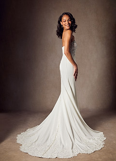 Azazie Lewena Vestidos de novia Vestido de Blanco Diamante Moca de Satén con cara trasera de crepé de Corte Sirena con Encaje image2