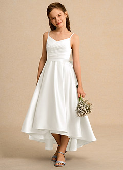 Azazie Sweets Girl Jurken voor bloemenmeisjes A-Lijn Jurk van Mat Satijn Geplooid Ivoor image3