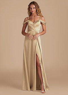 Azazie Ocean Robes de demoiselle d'honneur Robe Trapèze en Satiné métallisé Épaule décolletée Champagne image1