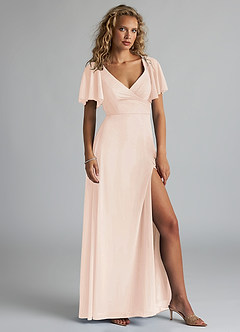 Azazie Induh Bridesmaid Dresses Blushing Pink A-Line Flutter V-neck Mesh Dress image3