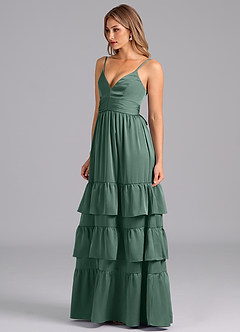 Azazie Nathalia Bridesmaid Dresses Eucalyptus A-Line Pleated Stretch Satin Dress image4