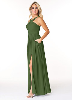 Azazie Elvira Bridesmaid Dresses Olive A-Line Pleated Chiffon Dress image7