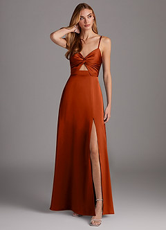 Azazie Jenna Robes de demoiselle d'honneur Robe Trapèze en Satin extensible Plissée Paprika image1