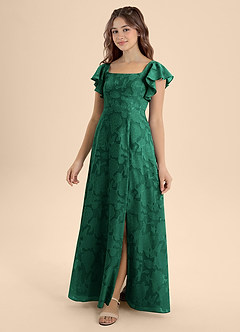 Azazie Bondi Junior Emerald A-Line Bow Floral Burnout Dress image1